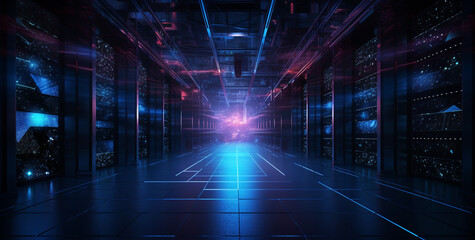 Modern data center for information storage, neon lighting. Generative Ai.