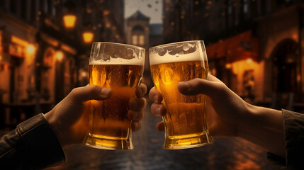 Fototapeta na wymiar men clink beer on a blurred background of a night street. Generative Ai.