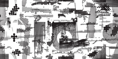 Fototapeta premium Glitch distorted grungy abstract forms . Halftone dots seamless pattern texture. Grange shapes .Grunge textured . Vector shapes with half tone dots .Screen print endless pattern texture