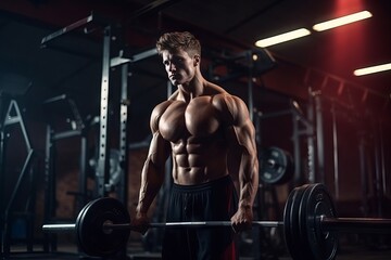 Fototapeta na wymiar Young male athlete bodybuilder posing and doing sports exercises in the gym