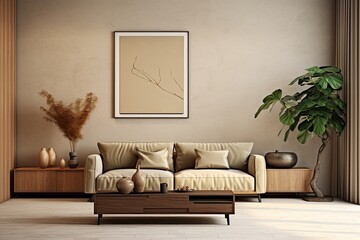This template showcases a tastefully designed living room interior with an artistic flair. The space is adorned with various elements including a wooden sideboard, a vase filled with leaves, books, a