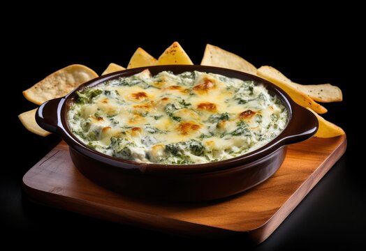 Spinach artichoke dip in a bowl on a wooden board with tortilla chips and black background