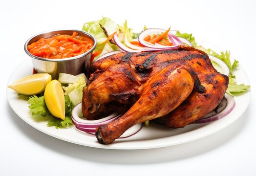 Tandoori chicken on a plate with vegetables and chili sauce, Indian food, isolated white background