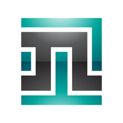 Persian Green and Black Glossy Square Shaped Letter N Icon
