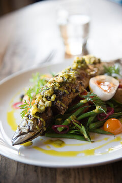 Gourmet dish with fish and salad at Gurnards Head in Cornwall