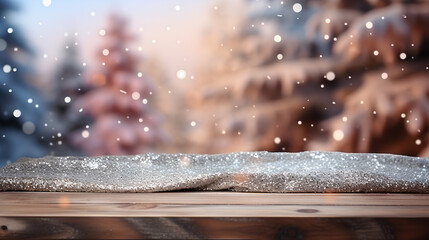 Winter background with fir branches and table, desk. AI-generated