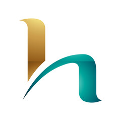 Persian Green and Gold Glossy Letter H Icon with Round Spiky Lines