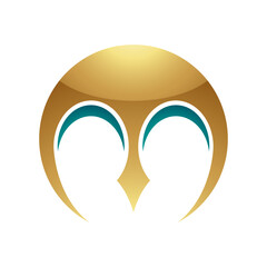 Persian Green and Gold Glossy Round Letter M Icon with Pointy Tips