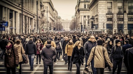 Crowd of people walking in the city - Dynamic urban life: anonymity and diversity in the bustling cityscape