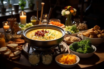 Photo of a festive cheese fondue buffet table filled with a variety of delicious dishes created with Generative AI technology