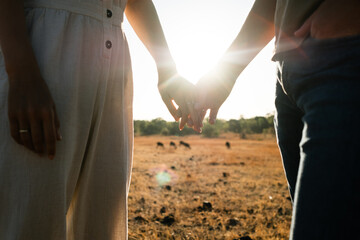 The hands of the newlyweds, close-up, hold each other, against the backdrop of the sun's rays, in...