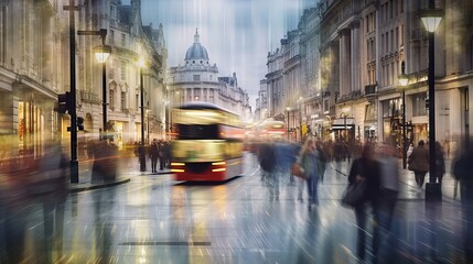 Busy motion blurred London street scene