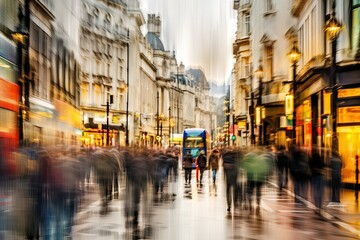 Fototapeta premium Busy motion blurred London street scene, street in the town
