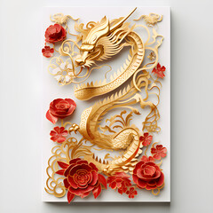 Chinese New Year or Happy New Year 2024, Year of the Dragon, golden dragon, Asian style composition illustration, golden paper cut on color background.