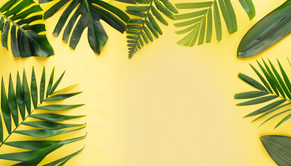 Fototapeta na wymiar palm tree leaves with yellow background