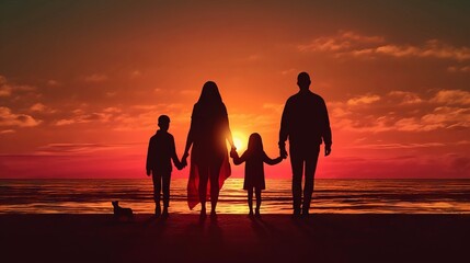 Capturing precious moments: Happy family silhouette enjoying sunset together