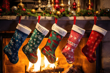 Christmas socks hanging on the fireplace