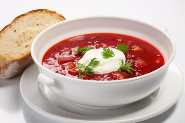 Cold soup with sour cream in a plate with bread