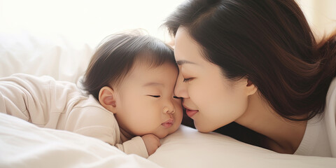 Close up portrait of beautiful young asian caucasian mother day girl kissing healthy newborn baby sleep in bed with copy space. Healthcare and medical love Asia woman lifestyle mother's day concept