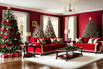 luxury living room with christmas tree and red wall - Generative AI