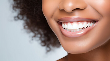 closeup photo beautiful young afro american female  face part with laughing moth showing bright teeths
