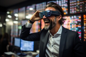 Business man happy moment in visual word, stock market, VR.
