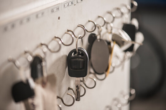 Keys on hook at mechanic workshop