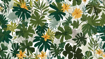 Tuinposter Abstract background of floral seamless tropical pattern with bright green plants and leaves on a white background, sketch design © bonky