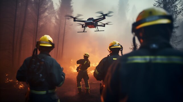 Group of firefighter controlling in forest fire to detect and rescue.