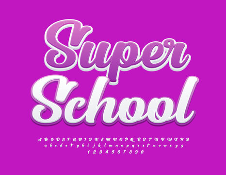 Vector creative banner Super School with Cursive Font. Beautiful Alphabet Letters and Numbers set
