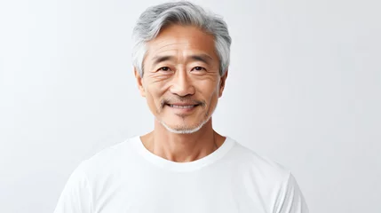 Fotobehang portrait of an 60 year old asian male with short black grayling hair isolated against a white background © bmf-foto.de