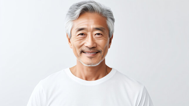 Portrait Of An 60 Year Old Asian Male With Short Black Grayling Hair Isolated Against A White Background