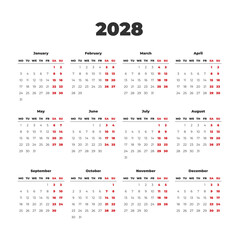 Simple vector calendar on 2028. Start from Monday