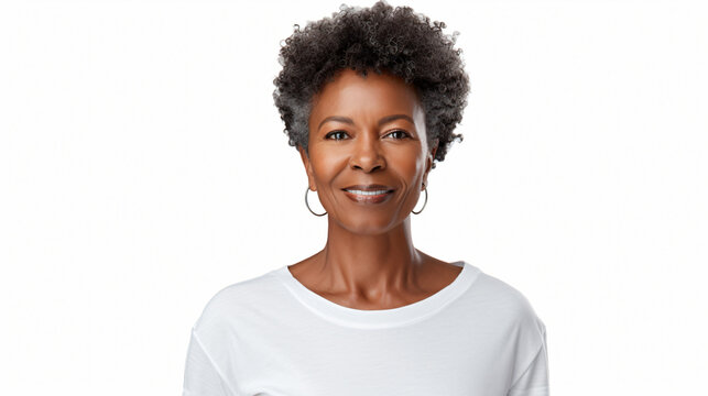 portrait of an 60 year old afro american female with  short curly black grayling hair isolated against a white background