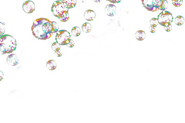 Soap bubble floating transparent  background. Realistic air water foam bubble with rainbow colors. ...