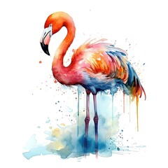 Watercolor portrait of a beautiful flamingo in colorful, bright, vibrant, and trippy colors