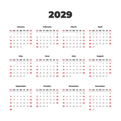 Simple vector calendar on 2029. Start from Sunday