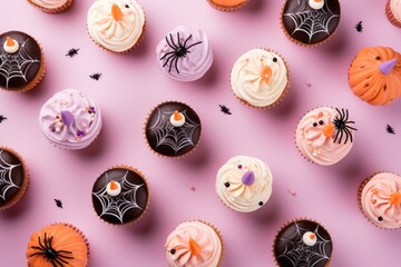 Halloween Cupcakes with Various Decorations on pink Background, top view, generative ai