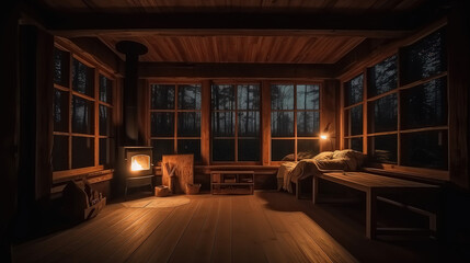 Wooden home in rain forest. Wooden cottage with fireplace. Generative AI. - obrazy, fototapety, plakaty