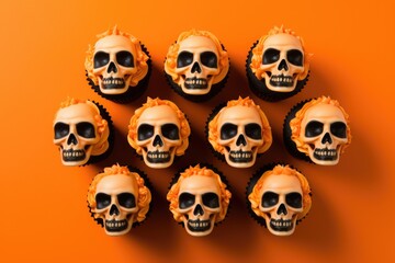 Halloween cupcakes decorated with skulls and meringue cream, generative ai