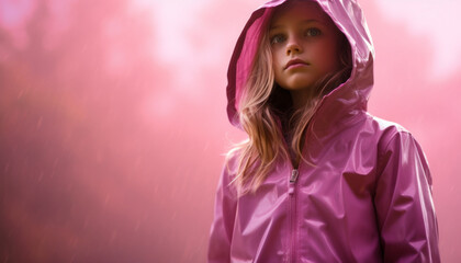 Little girl with a pink raincoat. The concept of a beautiful and warm autumn. Generative AI.