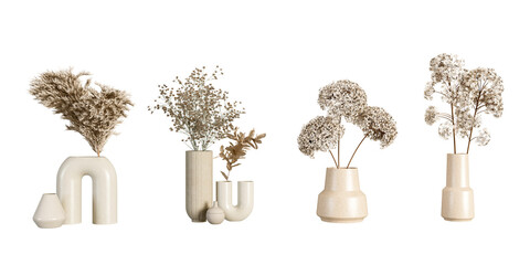 Dried flower in decor vase on white background