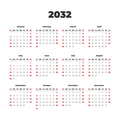 Simple vector calendar on 2032. Start from Sunday