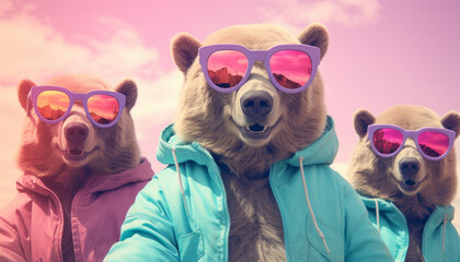 Three bears in pastel colors with sunglasses, taking a selfie. Concept of trendy anthropomorphism.