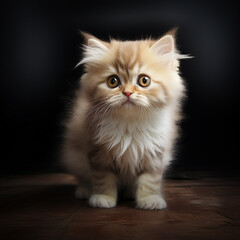 Adorable, cute Baby cat, Persian kitten on a black background, standing on a wooden surface