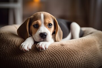 An adorable Beagle puppy resting in a cozy dog bed at its home. A cute and lovable pet. - obrazy, fototapety, plakaty