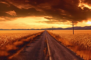 road in a wheat field at dusk