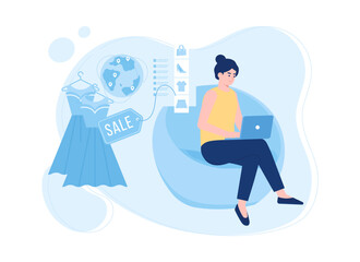 A woman sitting on a couch with a laptop and online shop background concept flat illustration