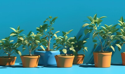 Plants in pots on blue background