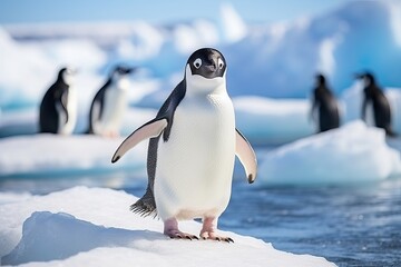 Obraz premium Funny penguin on ice floe against ocean